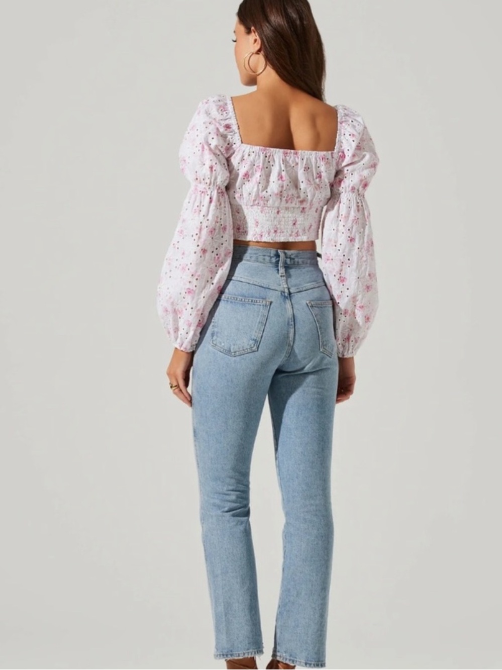 Astr White Floral Eyelet Tie-Front Crop Top with Pink Accents - Picture 2 of 4